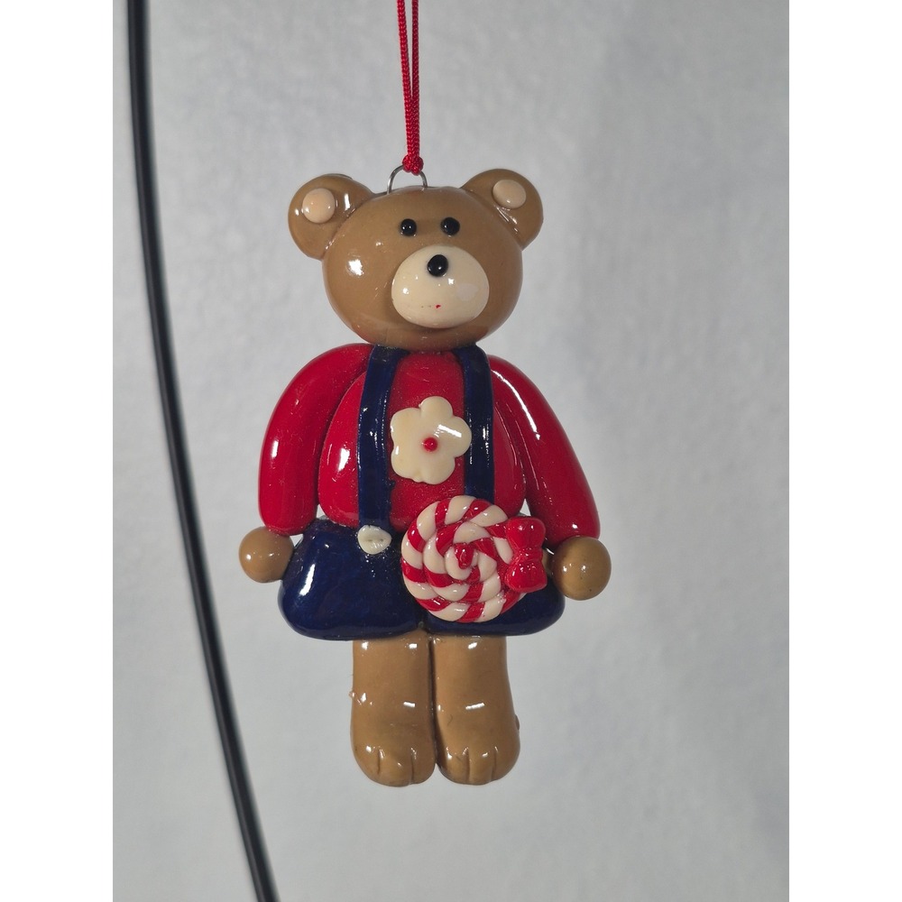 Vintage Enesco Clay Teddy Bear Christmas Ornament Red Sweater Lollipop Overalls